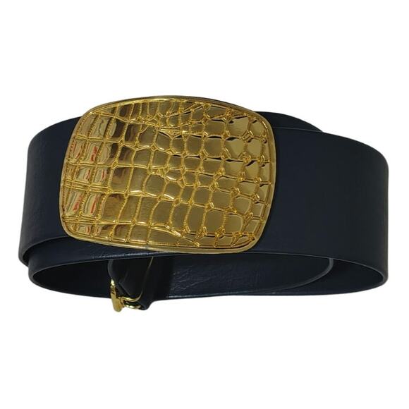 Wide Blue Leather Belt Gold Crocodile Print Huge Belt Buckle Hook Closure OS main image 6